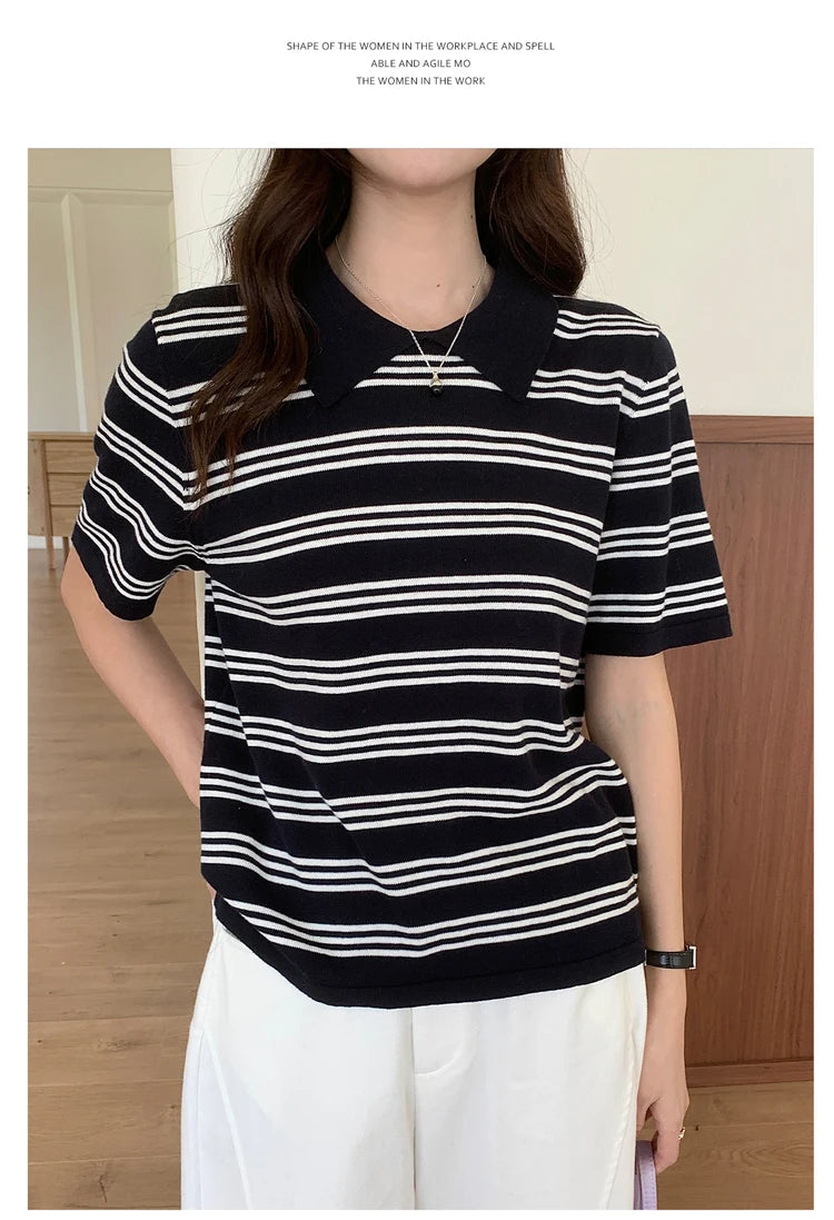 Summer women's100% cotton casual striped knitted T-shirt short sleeved loose POLO collar pullover Korean version fashionable top