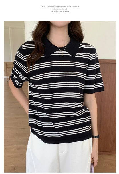Summer women's100% cotton casual striped knitted T-shirt short sleeved loose POLO collar pullover Korean version fashionable top