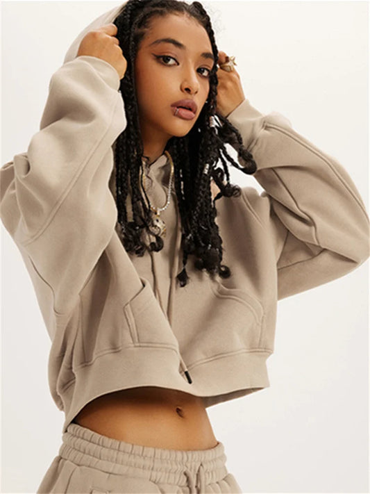 Profashion  Loose Hoodies Women Autumn Winter Long Sleeve Crop Top Streetwear Solid Drawstring Hooded Shirt Casual Female Sweatshirt