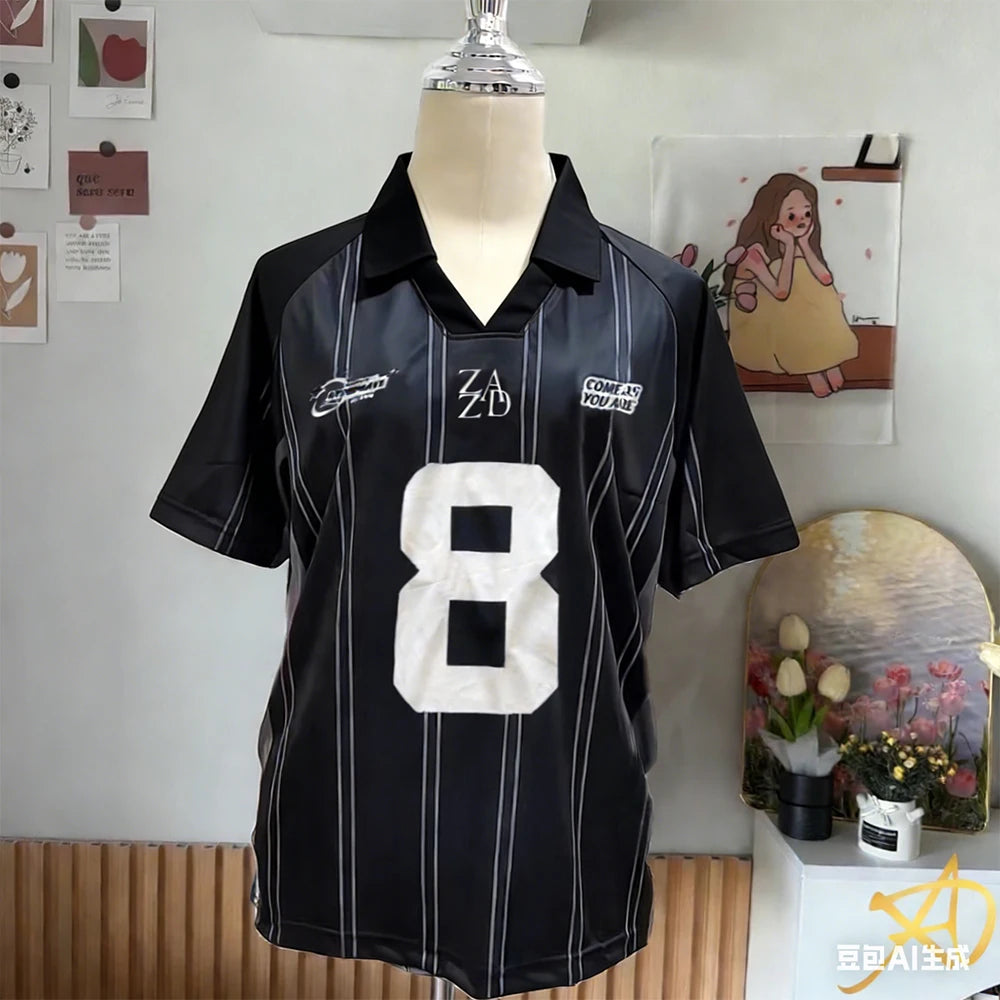 Women's New No.8 Oversized Short sleeved T-shirt Leisure Sports Jersey Letter Printed Polo Shirt