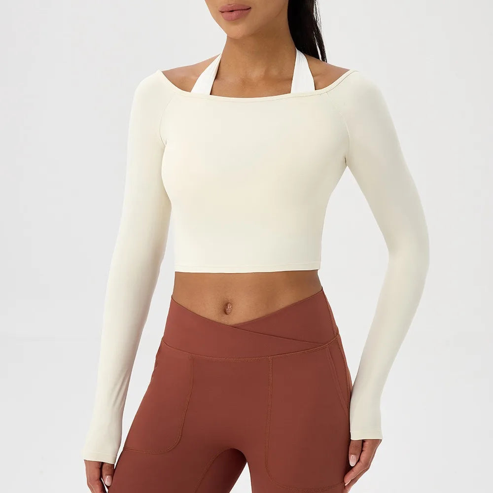 Long Sleeve Yoga T-Shirt for Women, Off Shoulder, Sexy Tight Gym Workout Top, Naked Feeling, Quick Dry Sports Activewear