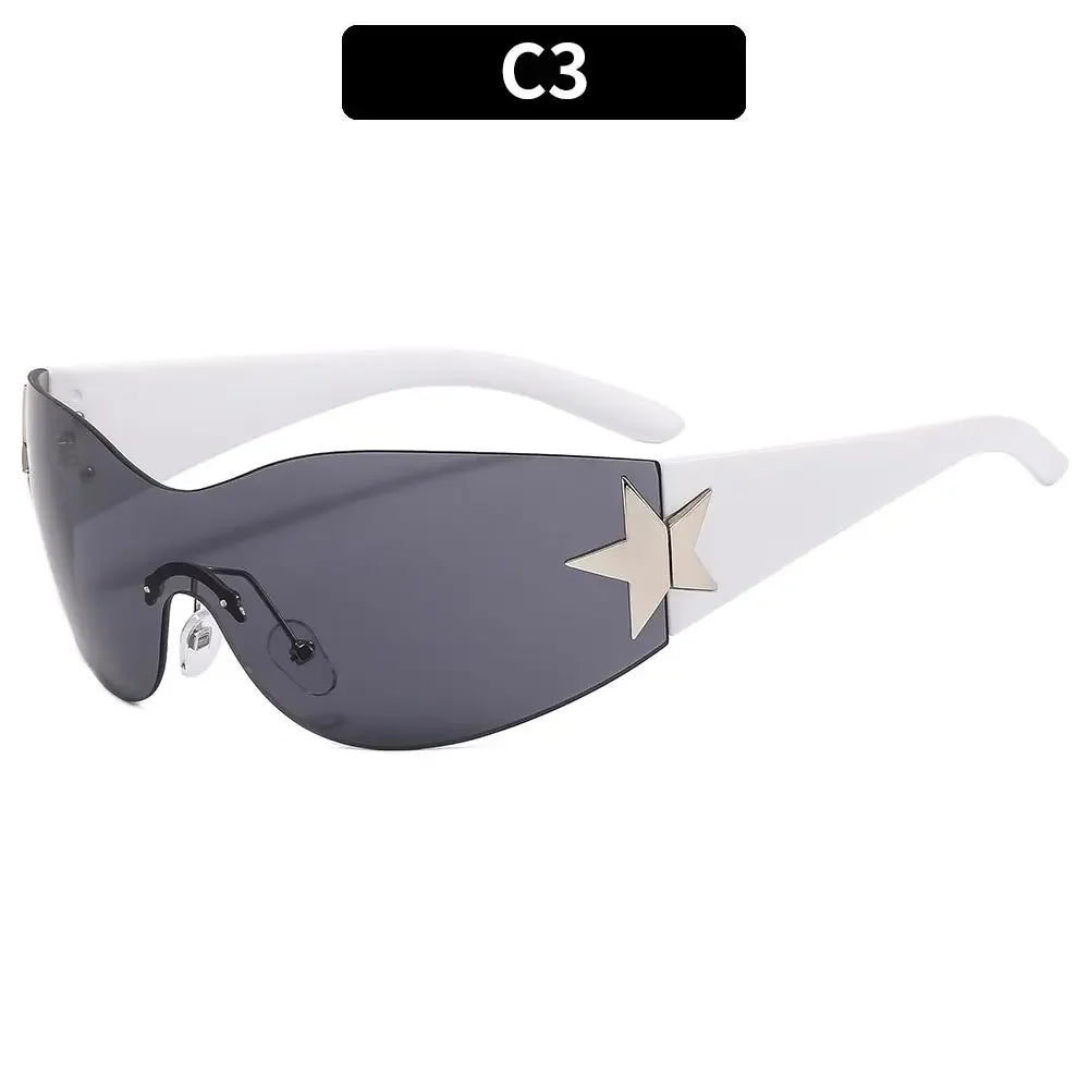 Rimless Punk Sunglasses Goggle Women Men Luxury Brand Wrap Around Sun Glasses Five Star Eyewear Sports One Piece Shades