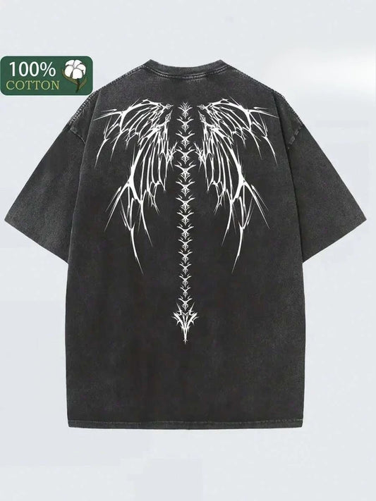 Black Vintage Washed Batik Cotton Oversized T-Shirt, White Gothic Wings Back Print Unisex Soft Loose Comfort Streetwear Graphic Tee