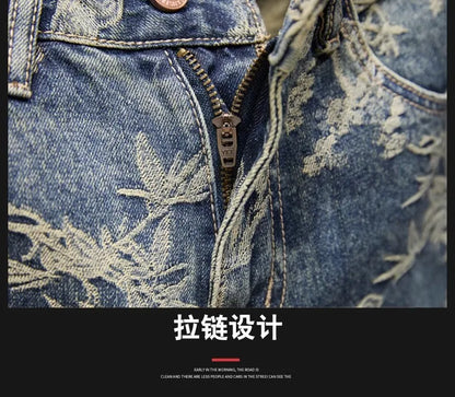 Jacquard Denim Shorts Chinese Style Straight Five-Point Pants Trendy Mid-Length Jeans New Fashion Tide Summer