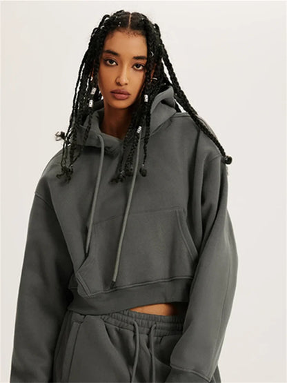 Profashion  Loose Hoodies Women Autumn Winter Long Sleeve Crop Top Streetwear Solid Drawstring Hooded Shirt Casual Female Sweatshirt