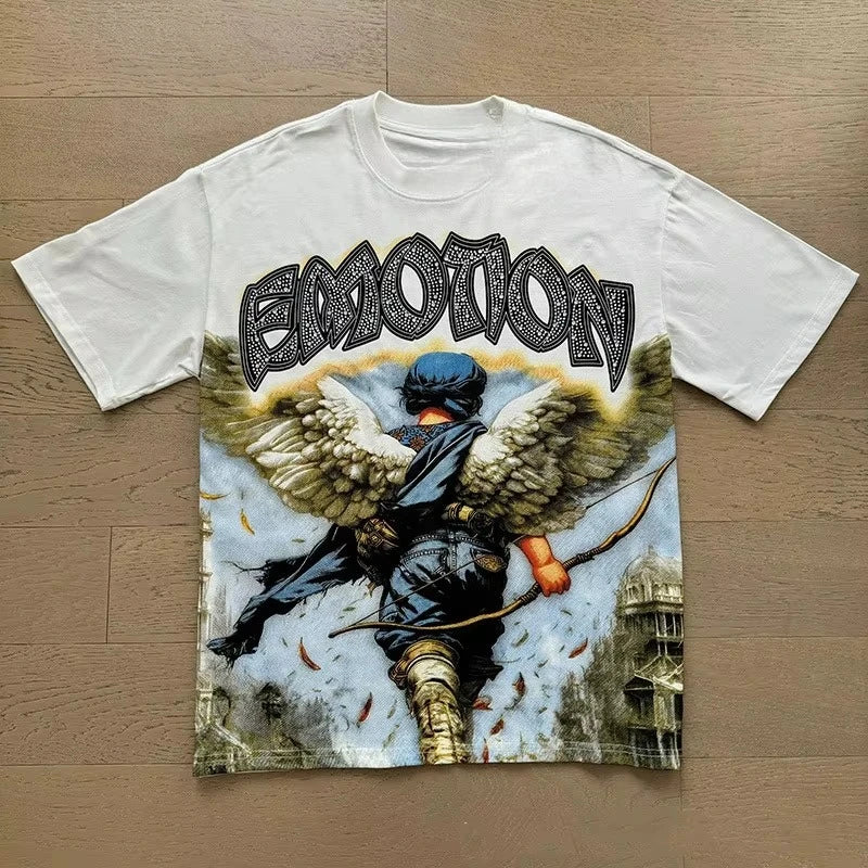 Unisex Couple Street Style Angel Print Summer Top Round Neck Short Sleeve T-Shirt