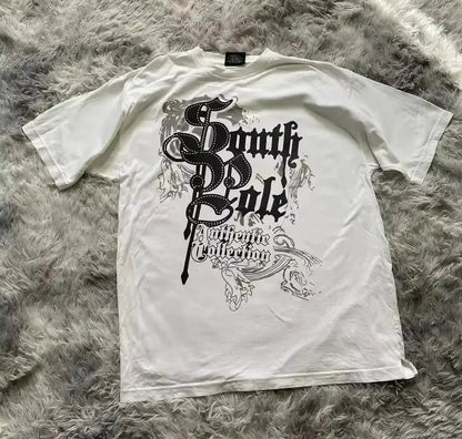 Southpole Y2K Vintage Cotton Graphic Tee Distressed Oversized Unisex T-Shirt with Gothic Print Streetwear Retro Soft Shirt Man