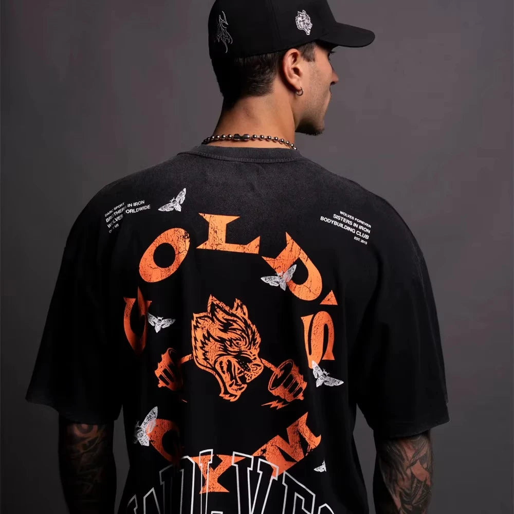 GYM Collaboration Fitness American Trendy Brand Wolf Head Print Pure Cotton Round-neck Couple T-shirts Summer Fashion Tees