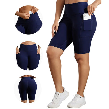 Solid Color Women Shorts with 3 Pockets Butt Lifting Workout Tights Stretch Athletic Five-pointed Pants Outdoor Fitness Shorts