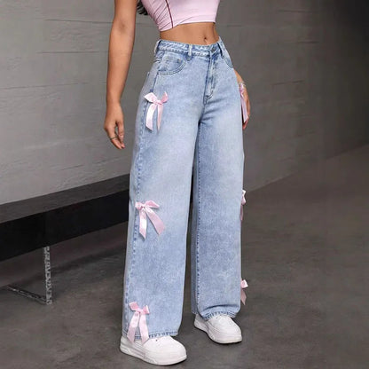 Luxury Women's Jeans Street Chic Street Style Bowknot Design Washed Denim Pants Loose Straight Wide Leg Pants For Y2kk