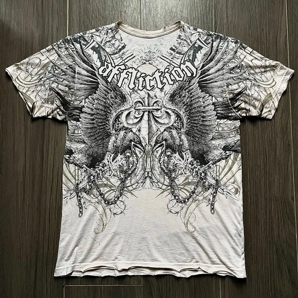 Summer New Men's Breathable Round Neck T-shirt Y2K Retro Clothing Punk Hip Hop Pattern Printed