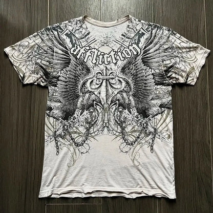 Summer New Men's Breathable Round Neck T-shirt Y2K Retro Clothing Punk Hip Hop Pattern Printed