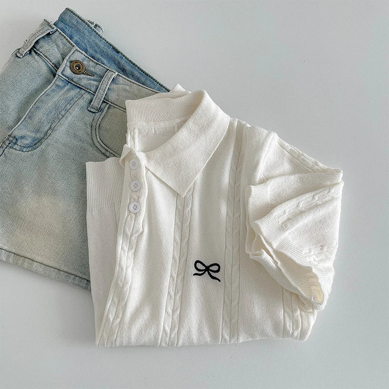 Summer Slim Polo shirt Knitted Short Sleeve T-shirt Sweet Bow Embroidered Knitted  Women Tops
