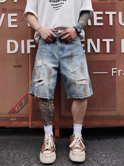 Men's Distressed Denim Shorts Heavyweight Summer Streetwear Loose Fit Fashion Five-Pocket Style European American Design