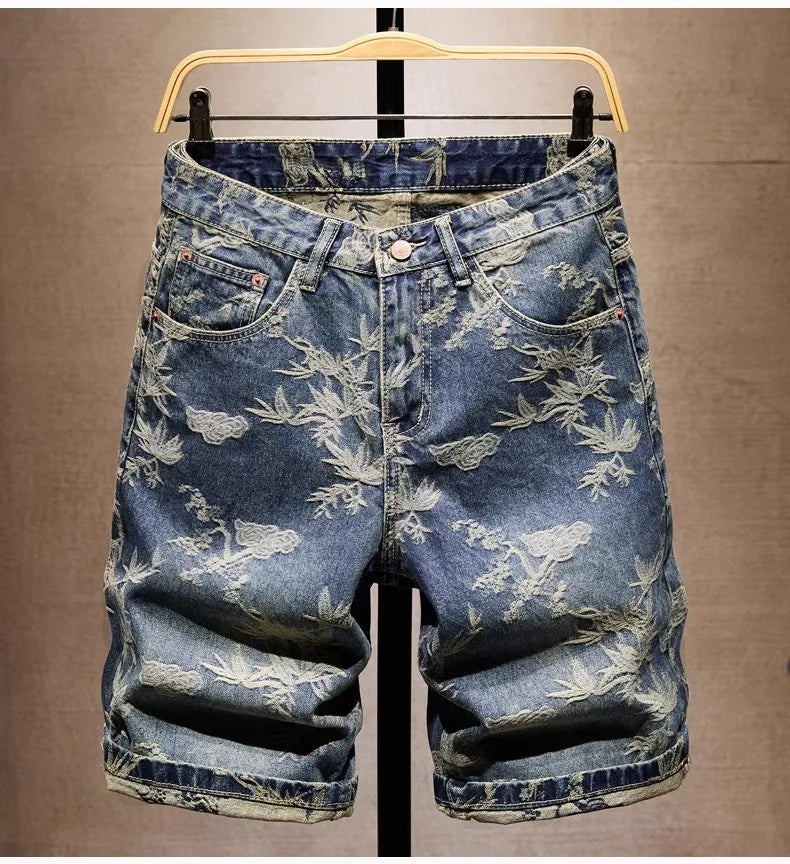Jacquard Denim Shorts Chinese Style Straight Five-Point Pants Trendy Mid-Length Jeans New Fashion Tide Summer
