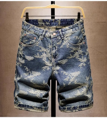 Jacquard Denim Shorts Chinese Style Straight Five-Point Pants Trendy Mid-Length Jeans New Fashion Tide Summer