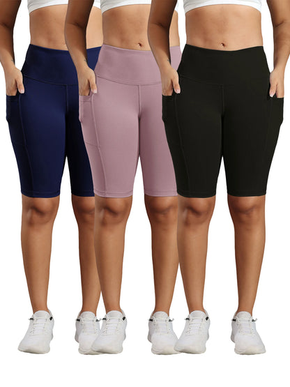 Solid Color Women Shorts with 3 Pockets Butt Lifting Workout Tights Stretch Athletic Five-pointed Pants Outdoor Fitness Shorts