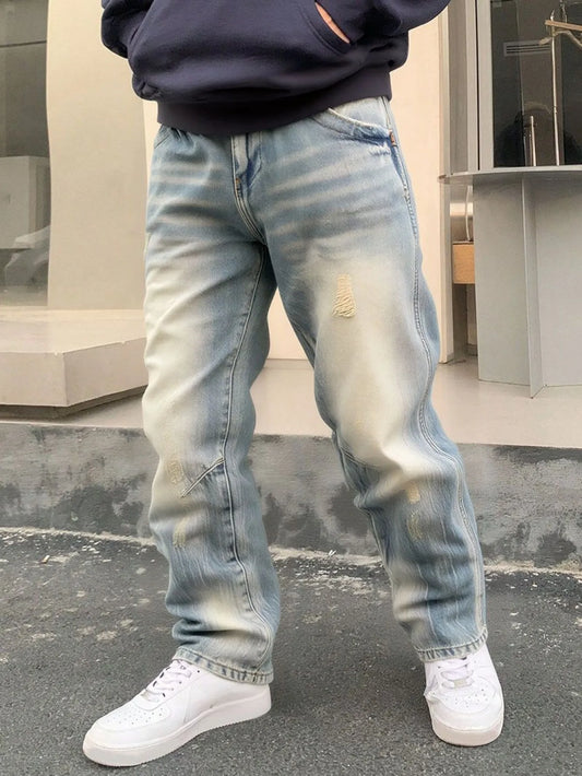 【HME】Men's Jeans | Retro Hip-Hop Style Denim Pants, Faded Tiger Stripes Distressed Ripped Straight Flare Denim Trousers, Fashion Loose Casual Pants, Classic 5-Pocket Denim Bottoms, Perfect For Street Gathering Daily Going
