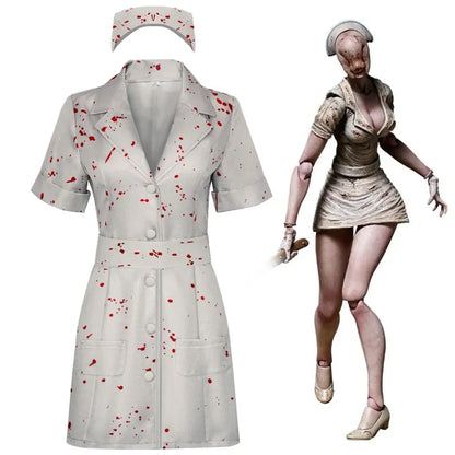 Silent Hill Nurse Cosplay Costume, Womens White Bloodstained Uniform With Belt And Hat, Halloween Fancy Dress For Comic