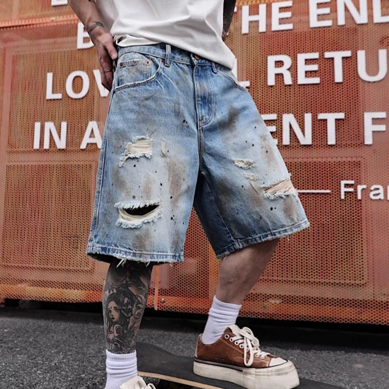 Men's Distressed Denim Shorts Heavyweight Summer Streetwear Loose Fit Fashion Five-Pocket Style European American Design