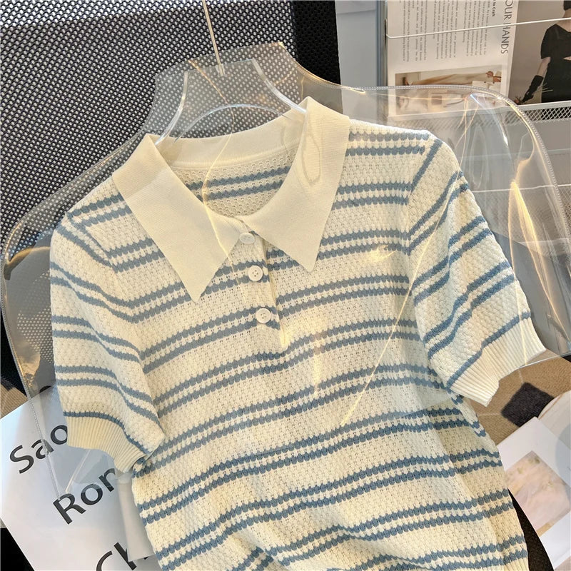 Polo Neck New Women's Knitting T-Shirt Striped Short Sleeve Women T Shirt for Female Slim Tops Woman T Shirts Clothing S145