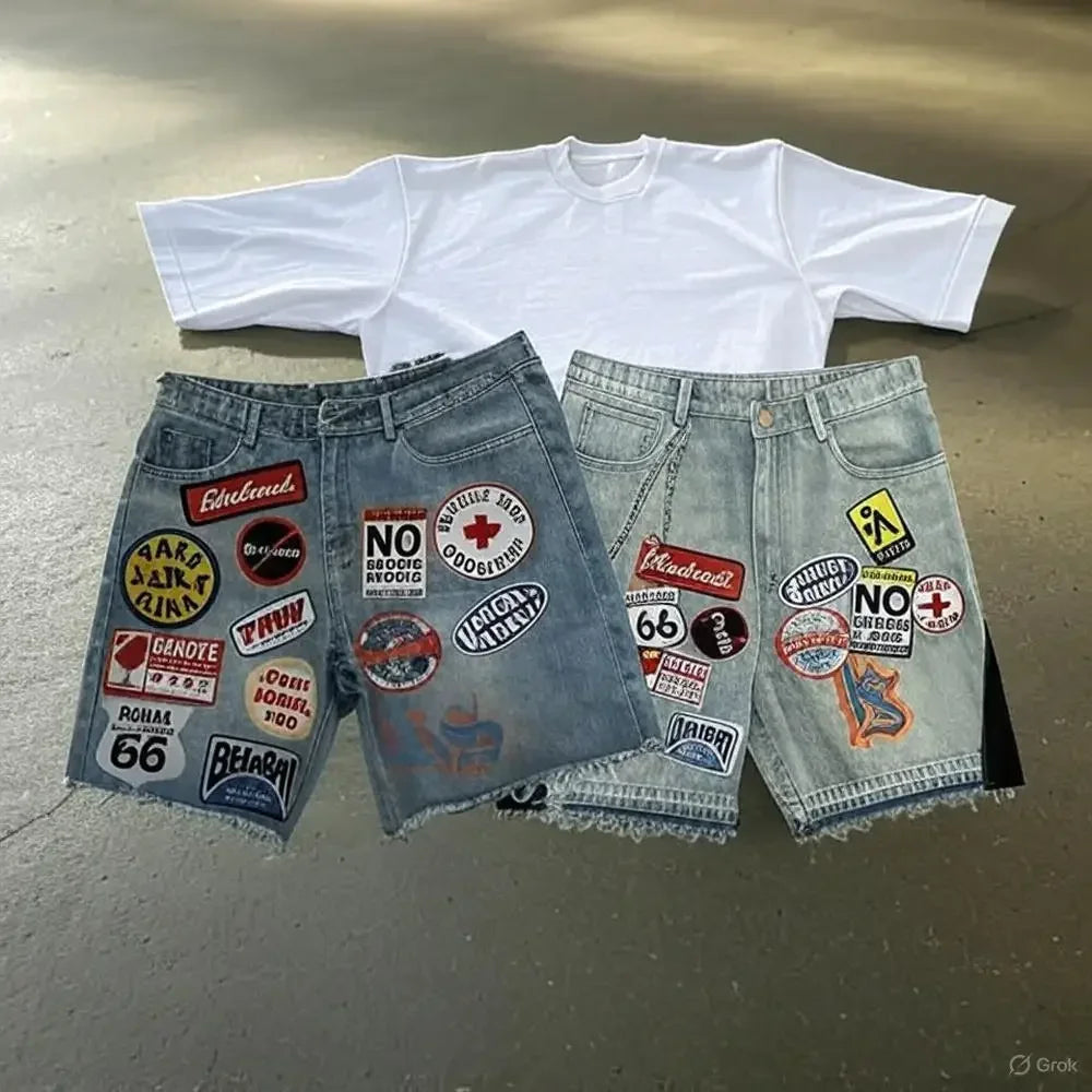 American Retro Denim Shorts Y2K Jeans Harajuku Hip Hop Cartoon Embroidery Retro Baggy Shorts Low Waist Sports Basketball Shorts