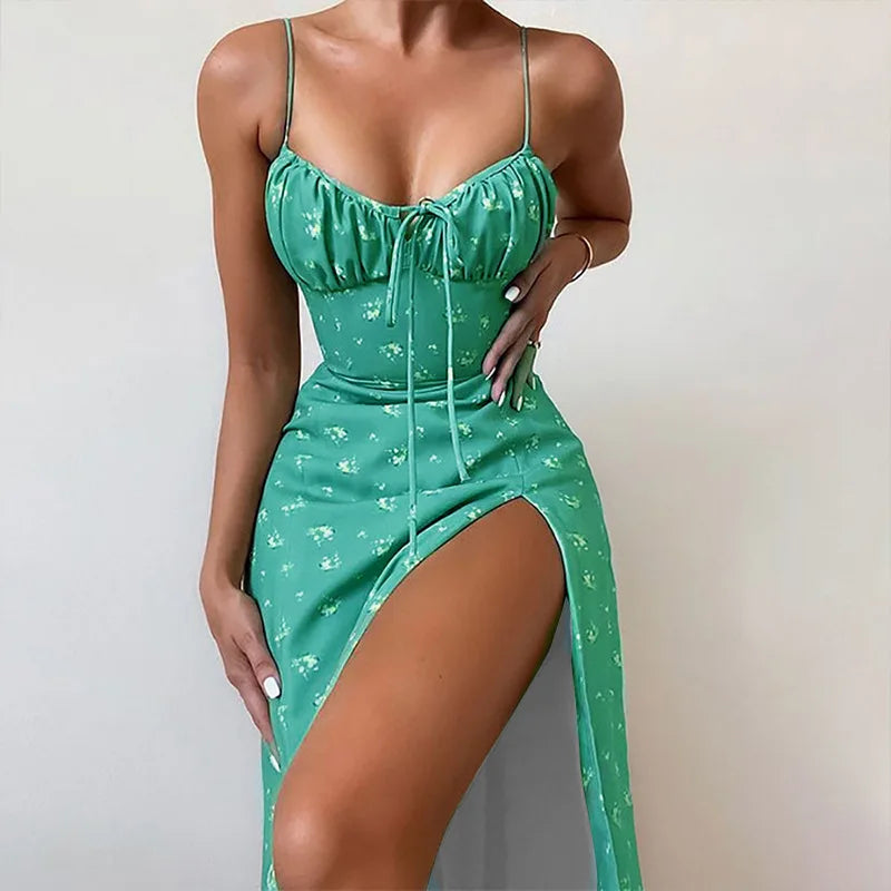 Women Elegant Floral Beach Vacation Streetwear Sexy Low Cut Beach Party Slim Slit Dress Chic Bodycon Lady Sleeveless Vestidos
