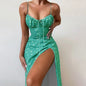 Women Elegant Floral Beach Vacation Streetwear Sexy Low Cut Beach Party Slim Slit Dress Chic Bodycon Lady Sleeveless Vestidos