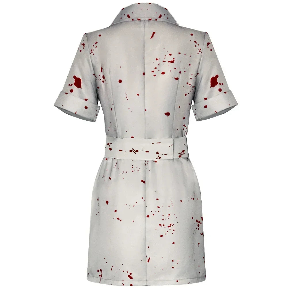 Silent Hill Nurse Cosplay Costume, Womens White Bloodstained Uniform With Belt And Hat, Halloween Fancy Dress For Comic