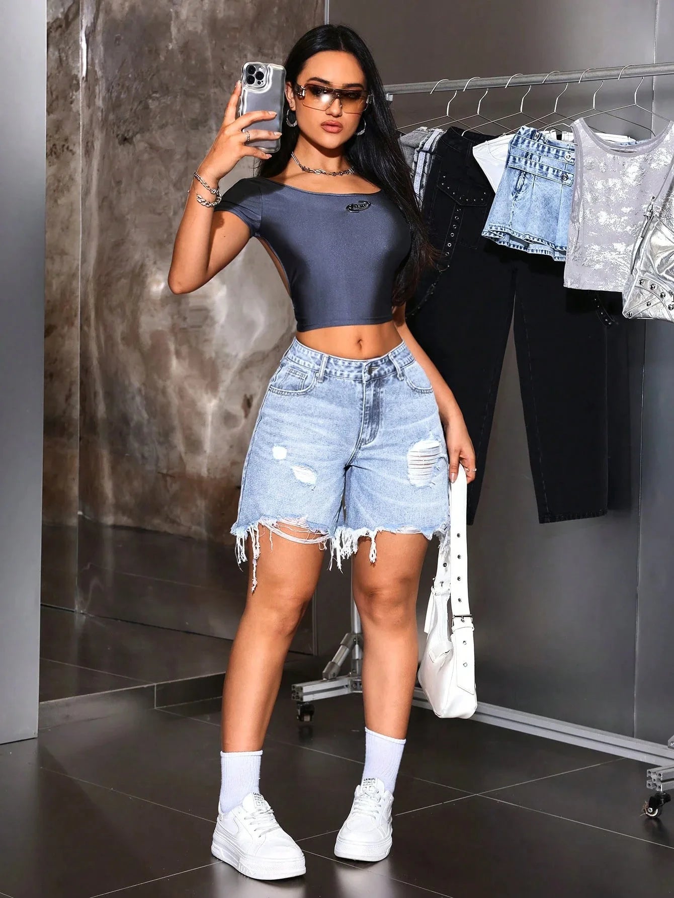 Denim Pant Women Shorts Jeans Vintage Short Pants High Waist Casual Loose Hole Trousers Y2k Streetwear Elegant Summer