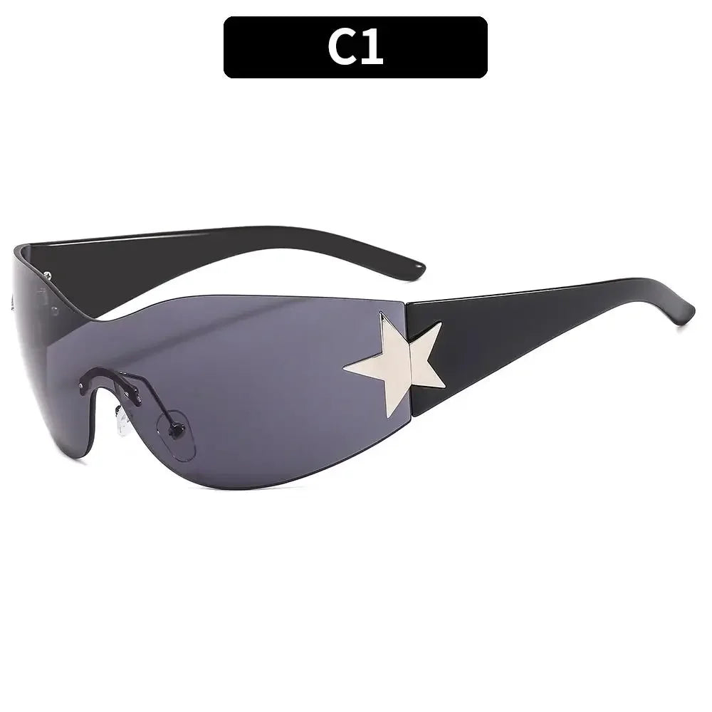 Rimless Punk Sunglasses Goggle Women Men Luxury Brand Wrap Around Sun Glasses Five Star Eyewear Sports One Piece Shades