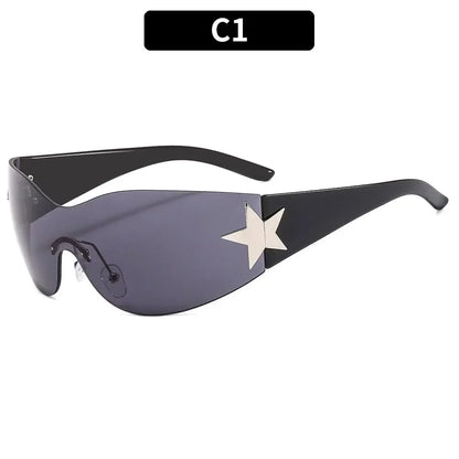 Rimless Punk Sunglasses Goggle Women Men Luxury Brand Wrap Around Sun Glasses Five Star Eyewear Sports One Piece Shades
