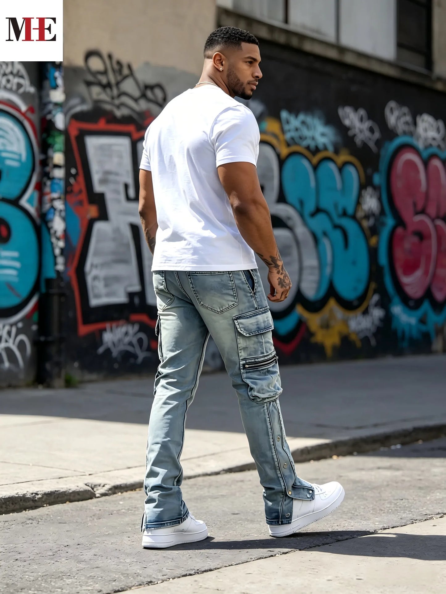 HME Men's Flared Denim Pants, Light Blue Vintage Jeans with Rips & Zipper Hem for Casual Style