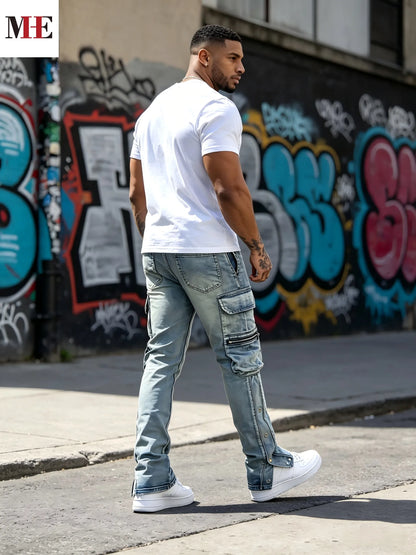HME Men's Flared Denim Pants, Light Blue Vintage Jeans with Rips & Zipper Hem for Casual Style