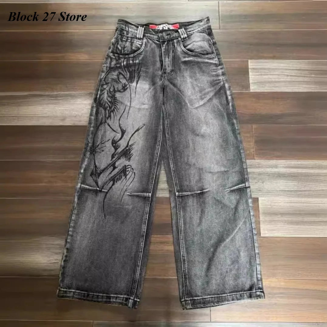 Mens Jeans Y2K Vintage Streetwear Black Gray Wide Leg Denim Pants Abstract Print Washed Distressed Loose Fit Dark Punk Fashion
