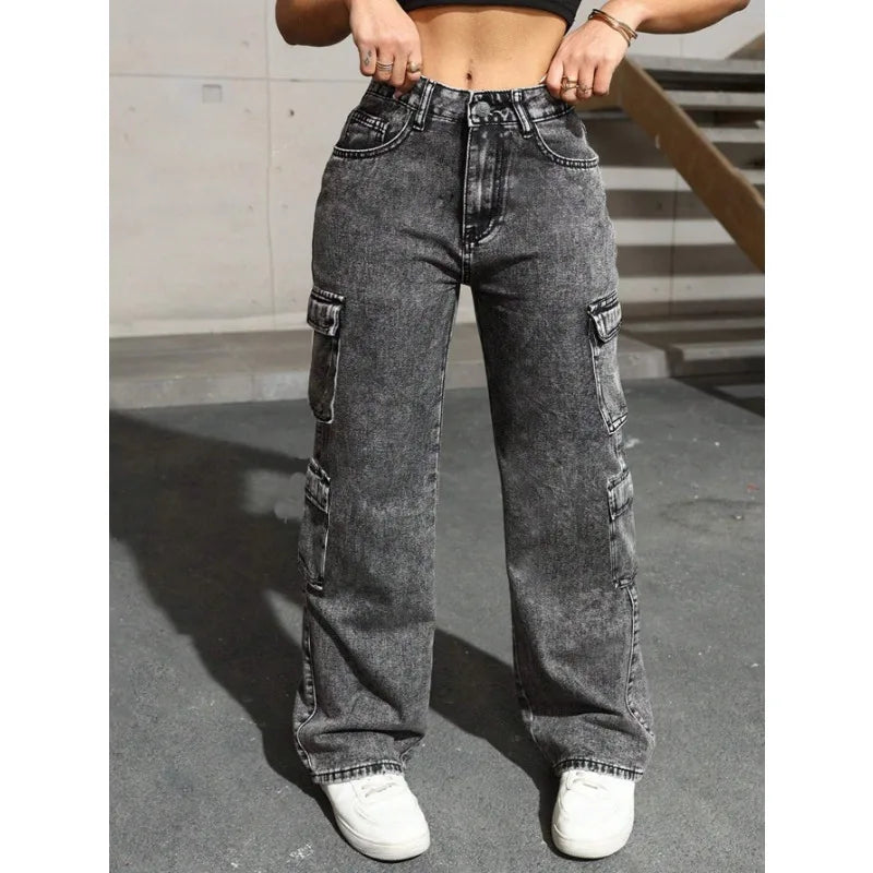 Profashion Jeans High Waist Stretch Cargo Pants Multiple Pockets Casual Trousers For Ladies Fashion Retro Style