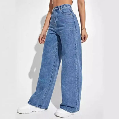 High Waist Denim Pants For Women Stretchy Wide-Leg Jeans With Pockets Casual Straight Leg Summer Autumn Female Jean Trousers