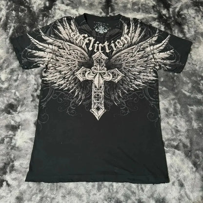 Summer New Men's Breathable Round Neck T-shirt Y2K Retro Clothing Punk Hip Hop Pattern Printed