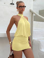 Hugcitar Fashion Halter Solid Sleeveless Backless Bandage Ruched Sexy Slim Mini Dress Summer Clothes Party Vacation Club