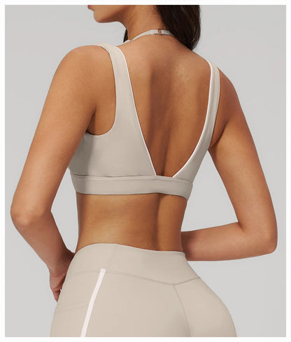 Women Deep V Neck Sports Bra Wide Strap Open V Back Contrast Piping Padded Push Up Gym Workout Top Yoga Bras Activewear Summer