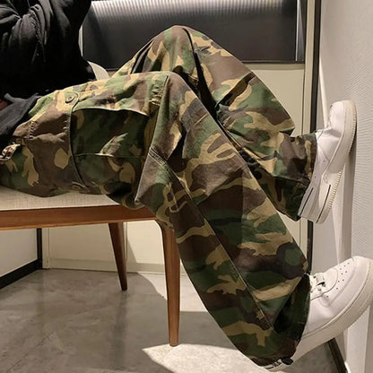 Straight Men Wide Leg Pants Camouflage Jogging Trousers Drawstring Elastic Waist Wide Male Casual Pants Vintage Cargo Pants