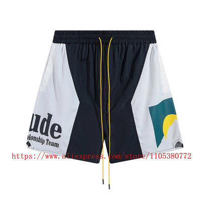 Latest Style RHUDE Men's  Casual Shorts Hip Hop Elastic Waist Drawstring Zip Pocket Summer Street Leisure Beach Shorts