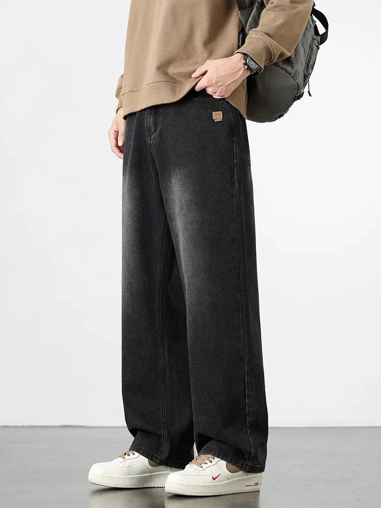 American Retro Straight Jeans Men Streetwear Loose Baggy Wide Leg Denim Pants Male Casual Trousers