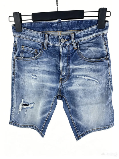 3006 Summer New Men's Jeans Washed Ripped Patch Paint Slim-fit Micro-elastic Denim Shorts Men's Black