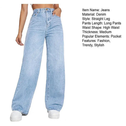 High Waist Denim Pants For Women Stretchy Wide-Leg Jeans With Pockets Casual Straight Leg Summer Autumn Female Jean Trousers