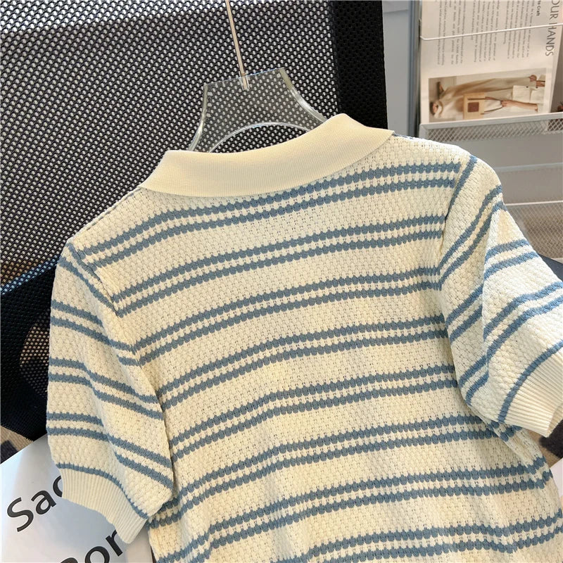 Polo Neck New Women's Knitting T-Shirt Striped Short Sleeve Women T Shirt for Female Slim Tops Woman T Shirts Clothing S145