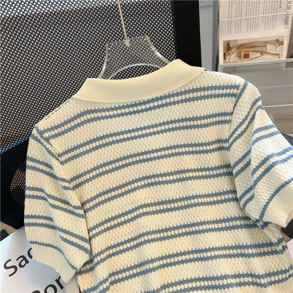 Polo Neck New Women's Knitting T-Shirt Striped Short Sleeve Women T Shirt for Female Slim Tops Woman T Shirts Clothing S145
