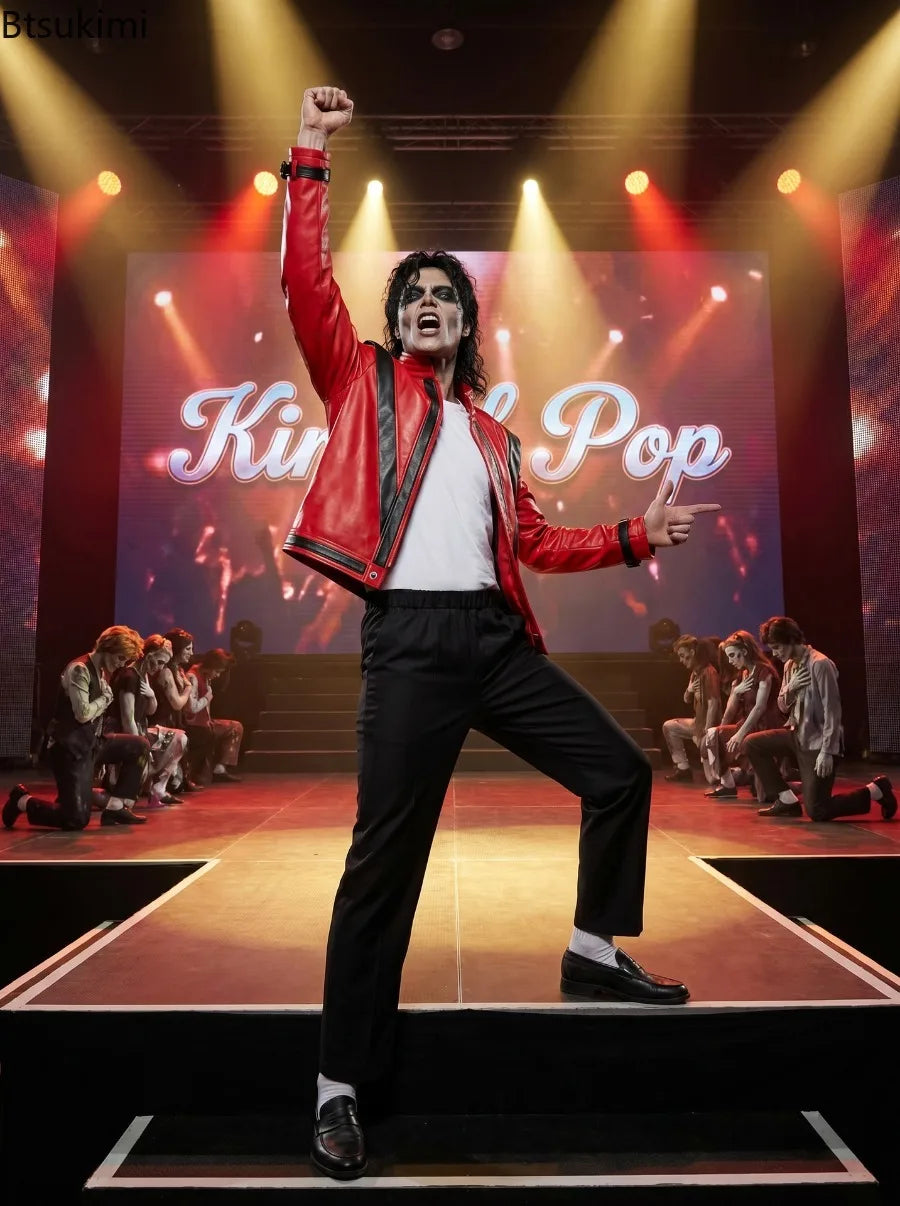 Adults Michael Red Faux Leather Jacket Pant Set Jackson Fashion Music Idol Character Creative Halloween Stage Performance Suits
