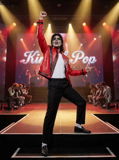 Adults Michael Red Faux Leather Jacket Pant Set Jackson Fashion Music Idol Character Creative Halloween Stage Performance Suits