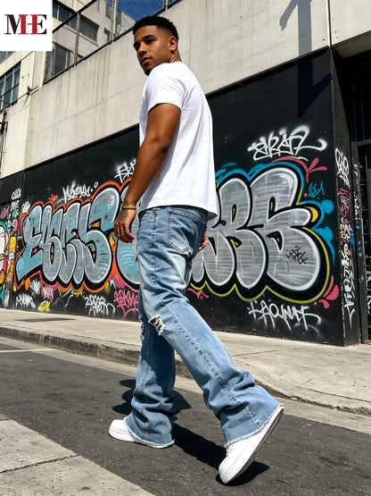 HME Men's Light Blue Denim Pants, Distressed Flared Jeans with Knee Rips & Frayed Hem for Streetwear